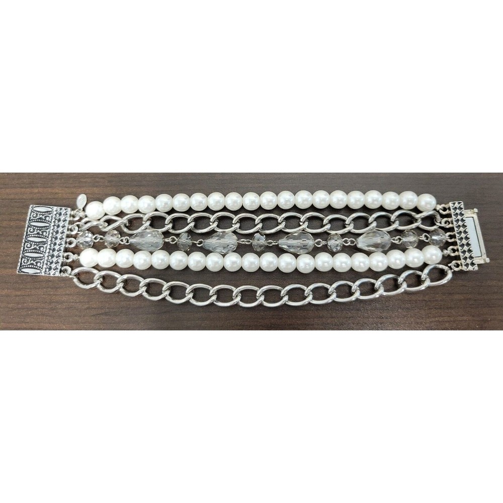 Premier Designs White Silver Grey Bead Multi-Strand Magnetic Clasp Bracelet
